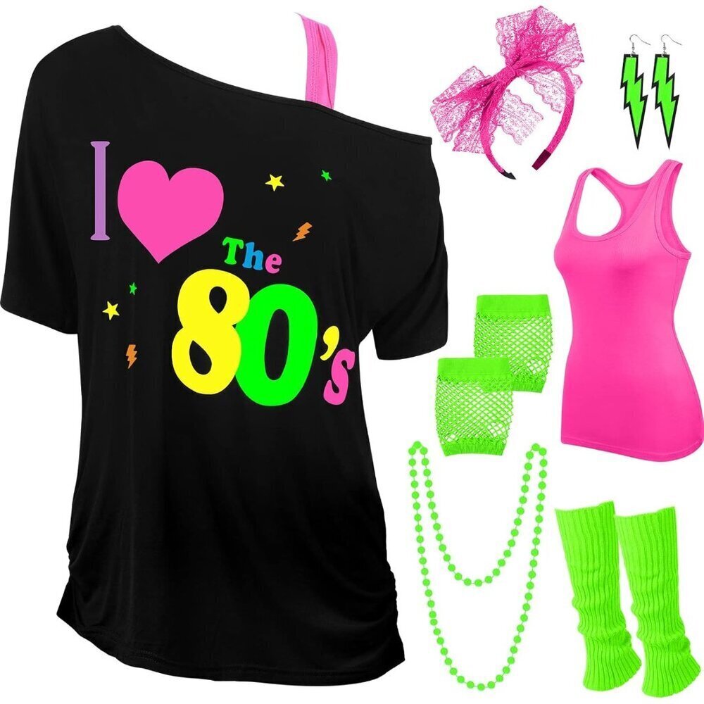 80's Disco Costume Set Womens Accessories Shirt Tank Legwarmers Earrings